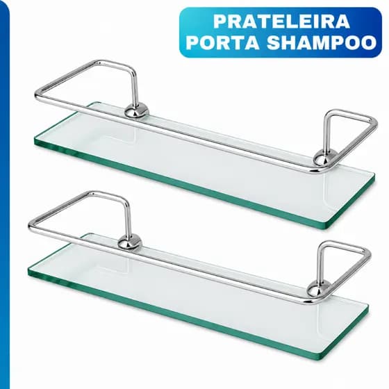 Kit 2 Porta Shampoo de Alumínio Com Base de Vidro Reto Suporte Prateleira