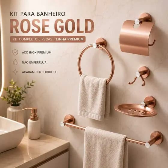 Kit 5 Peças Acessórios Banheiro Luxo Rose Gold Ouro Rosa Inox Premium Completo Parede Resistente