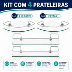 kit 4 Prateleiras Porta Shampoo Vidro Temperado 2 canto + 2 Reto Suporta 8kg Não Enferruja Banheiro