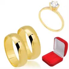 KIT COMPLETO PAR (2) Aliança 6MM Banhado Ouro 18k + Anel Solitário com Pedra Zircônia - Nunca Fica Preta - Envio Imediato