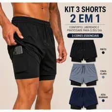 KIT 3 Shorts 2 em 1 - Shorts Com Bolso Lateal - Forro Interno Confortavel Leve Academia Treino