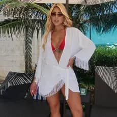 Conjunto Saída de Praia 2 Peças Kimono + Saia com Franja Malha Crepe Leve