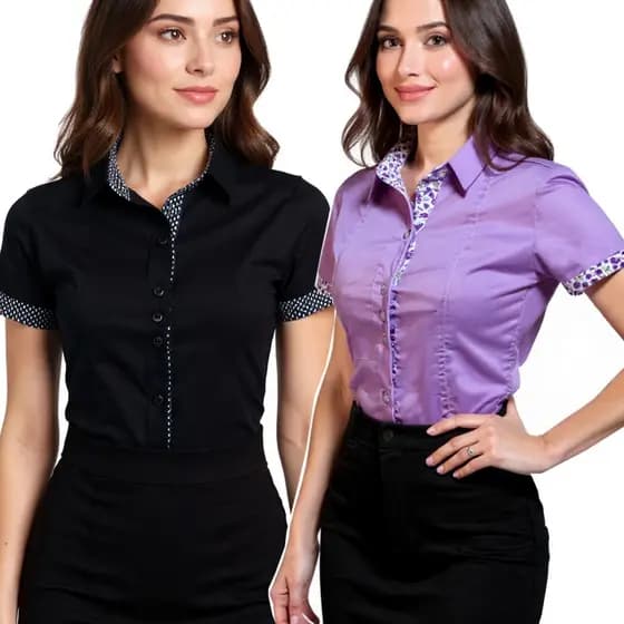 Kit Camisa Social Feminina Manga Curta Preto Lilás 2 Un Camisa Feminina
