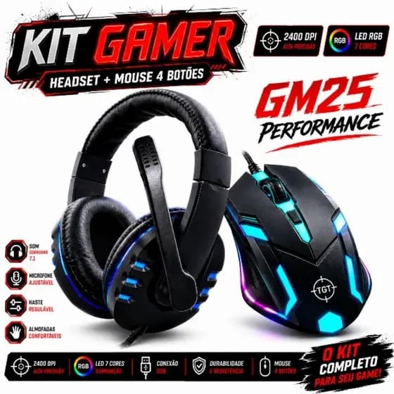 Headset Fone Gamer + Mouse 4 Botões 3200 dpi LED RGB, PS4, PS5, XBOX, PC GAMER, Jogos