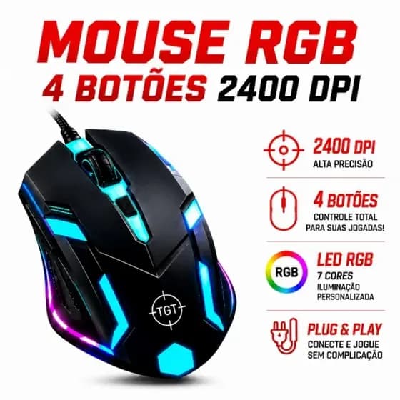 Mouse Gamer 2400 DPI 4 Botões 7 cores LED RGB com fio USB, Pc Gamer, Notebook