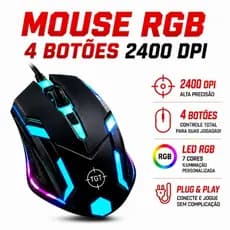 Mouse Gamer 2400 DPI 4 Botões 7 cores LED RGB com fio USB, Pc Gamer, Notebook