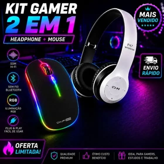 Mouse LED RGB Sem Fio Bluetooth + Fone Headset Bluetooth Para Notebook, Celular, Tablet, Pc Jogos