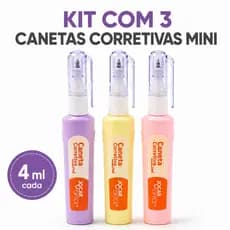 Kit 3 Canetas Corretivas Mini 4ml Jocar Office Corretivo Escolar