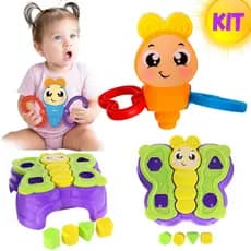 Kit 2 Brinquedos Mesa Anabelha Educativo Encaixe Abre Fecha Infatil + Chocalho Borboletinha Asinha Bebês Nenen