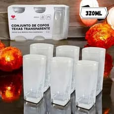 Jogo 6 Copos Quadrado Texas Vidro 320ml Transparente design luxuoso e elegante Vidro de Alta Qualidade