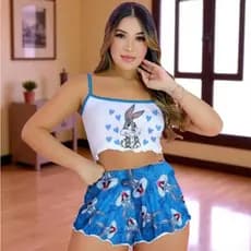 Kit Pijama Baby Doll Cropped Suede Premium de Personagem Virginia Blogueira
