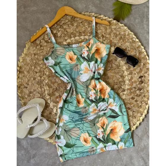 Vestido Feminino De Alcinha Estampado No suplex Floral Midi Tubinho Curto Verao