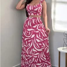 Conjunto Croped e Saia Floral Cropd De Alcinha Com Bojo Tendencia Moda Feminina Verao MicroFribra