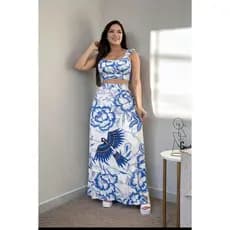 Conjunto De Croped Com Saia Longa Floral Cropd De Alcinha Com Bojo Tendencia Moda Feminina Verao