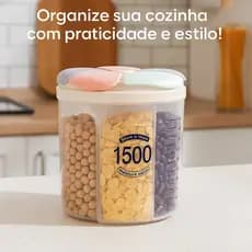 Kit Pote Plástico Armazenador Medidor 4 Divisórias Organizador Cozinha BPA Free Arroz Feijão Açúcar Transparente Tampa