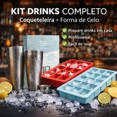 Kit Bar em Casa Drinks Bartender Completo Coqueteleira Boston 820ml Inox + Forma de Gelo Silicone