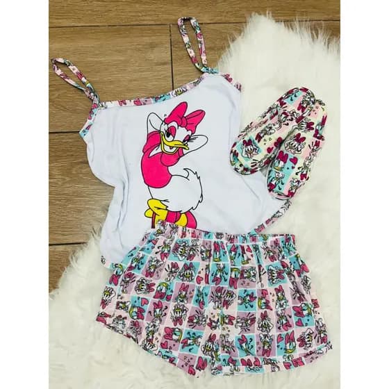 Kit Pijama Short Doll + Pantufa Adulto Blogueirinha Atacado Estampa Personagens