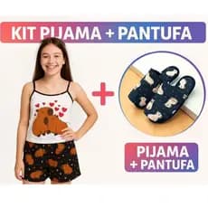 kit pijama juvenil feminino + pantufa baby doll capivara adolescente infantil menina roupa de dormir