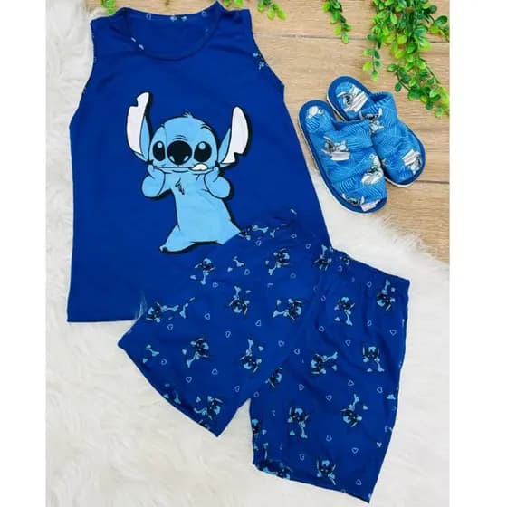 Kit pijama masculino stitch infantil + pantufa de menino regata juvenil verao