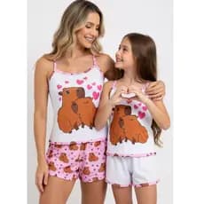 kit pijama mãe e filha baby doll infantil combinando tal mãe tal filha capivara