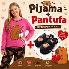 kit Pijama capivara longo infantil + pantufa feminina juvenil de menina