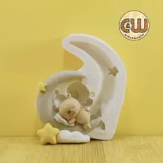 Molde Silicone Urso Dormindo na Lua com Nuvem e Estrtela - Decoração, Confeitaria e Artesanato – Biscuit - Festa