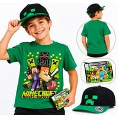 Kit Camiseta + Bone Aba Reta Ajustável Presente Infantil Minecreftt - 4 a 12 anos