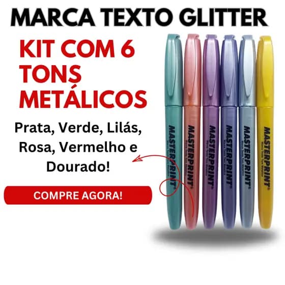 KIT 6 CORES MARCA TEXTO METALICO GLITTER NEON PASTEL MARCATESTOS METALIZADO MARCATEXTOS MARCA-TEXTO