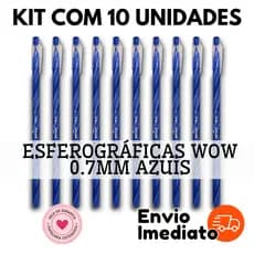 Kit com 10 Canetas Esferográficas Wow Fun 0.7mm – Tinta Azul e Preta Escrita Suave Envio Imediato
