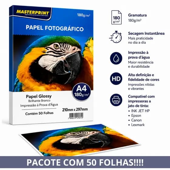 Papel Fotográfico A4 Glossy Brilhante Masterprint 180g 50 Folhas para Impressora Jato de Tinta