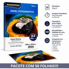 Papel Fotográfico A4 Glossy Brilhante Masterprint 180g 50 Folhas para Impressora Jato de Tinta