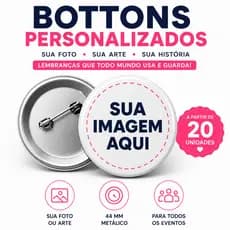 40 Botons Personalizados 44mm | Broche, Pin, Bottons com Foto, Logo, Arte e QR Code para Eventos