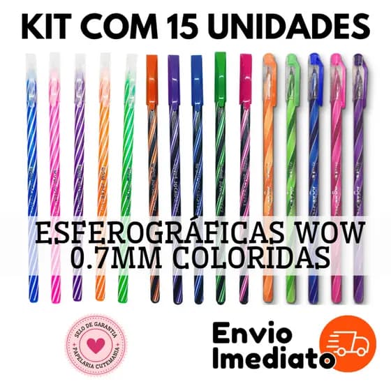 Kit 15 Canetas Esferográficas Coloridas WOW 0.7mm - Leo Caneta Pirulito Estilo Spiro Jocar