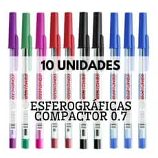 Kit 10 Canetas Esferográficas Compactor 07 – Azul, Preto, Vermelho, Verde, Violeta e Rosa 0.7mm