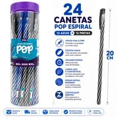 Pote com 24 Canetas Esferográficas Pop Espiro 0.7mm 12 Azul 12 Preta Escrita Macia Escolar Escritório