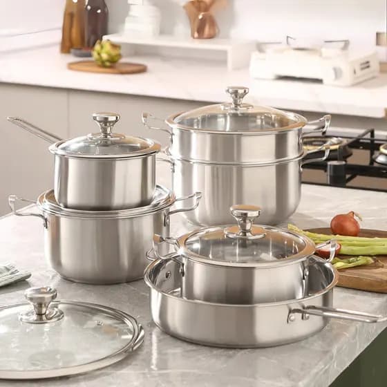 Jogo De Panelas Em Aço Inox 11 Peças Tampa De Vidro E Fundo Para Fogão De Indução CHEF D