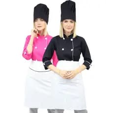 Kit Dolmã Chefe de Cozinha Feminina Manga 3/4 Touca Chefe de Cozinha e Avental Chef