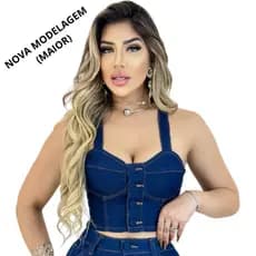 Cropped Top Jeans Com Alça Em Lycra Elastano Feminino Com Botão e Elastico Nas Costas