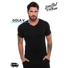 Blusa Masculina Gola V Preta Básica Malha Viscose e Elastano Linda Casual Elegante Lançamento