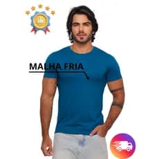 Camiseta Masculina Gola O Básica Azul Casual Confortável Malha Fria Modelagem Slim Premium Tendência