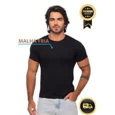 Camiseta Masculina Gola O Básica Slim Malha Fria Premium Preta Versátil Confortável Tendência