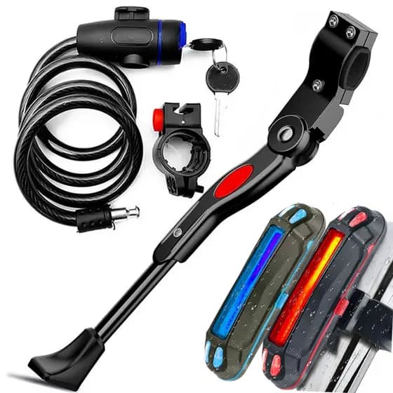 Pezinho Para Bike Descanso Lateral Com Regulagem 20 Até 29 + Trava Cabo De Aço Moto Com Chave Espiral + Sinalizador Lanterna Traseira Bike Led Recarregável Usb Pisca