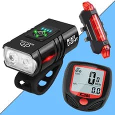 Lanterna Farol Com Visor 2 Led  Usb Recarregável + Sinalizador Traseiro + Velocímetro Com Fio