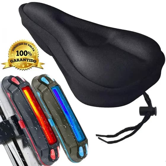 Capa de Banco Flexível Selim Silicone Gel Para Bicicleta Anatômica + Sinalizador Lanterna Traseira Bike Led Recarregável Usb Pisca