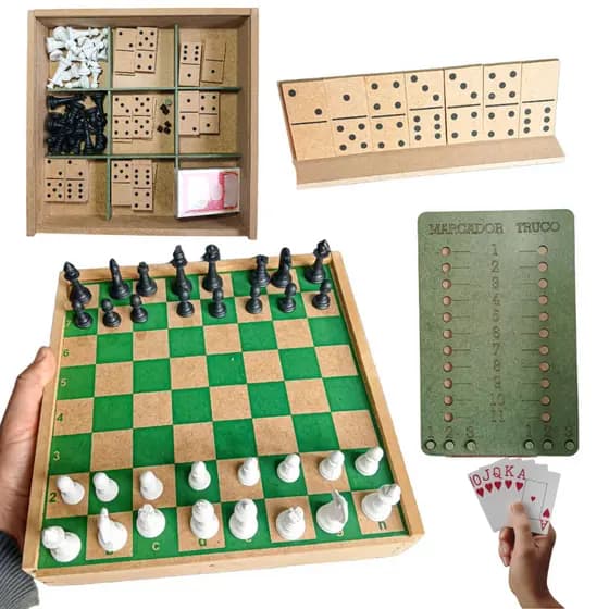 Jogos de tabuleiro 3 Em 1 Xadrez Truco Dominó Diversão Família