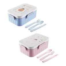 Lancheira Infantil de Plástico - Marmiteira com Talheres - Garfo, Colher e Hashi - Marmita Azul ou Rosa