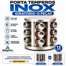 Porta Temperos Inox Giratório 13 Peças Com 12 Potes de Vidro Organizador de Condimentos 360° Premium