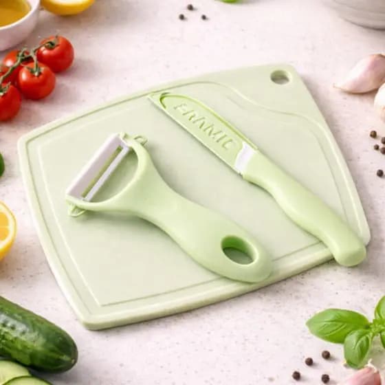 Kit Cozinha 3 em 1 Tábua de Corte + Faca + Descascador Multiuso Resistente