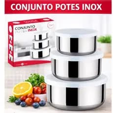 Conjunto Potes Inox com Tampa Kit 3 Peças Aço Inoxidável Para Alimentos Cozinha