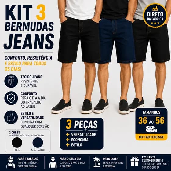 Kit 3 Bermudas Jeans Masculinas Plus Size Elastano Confortável do 36 ao 56